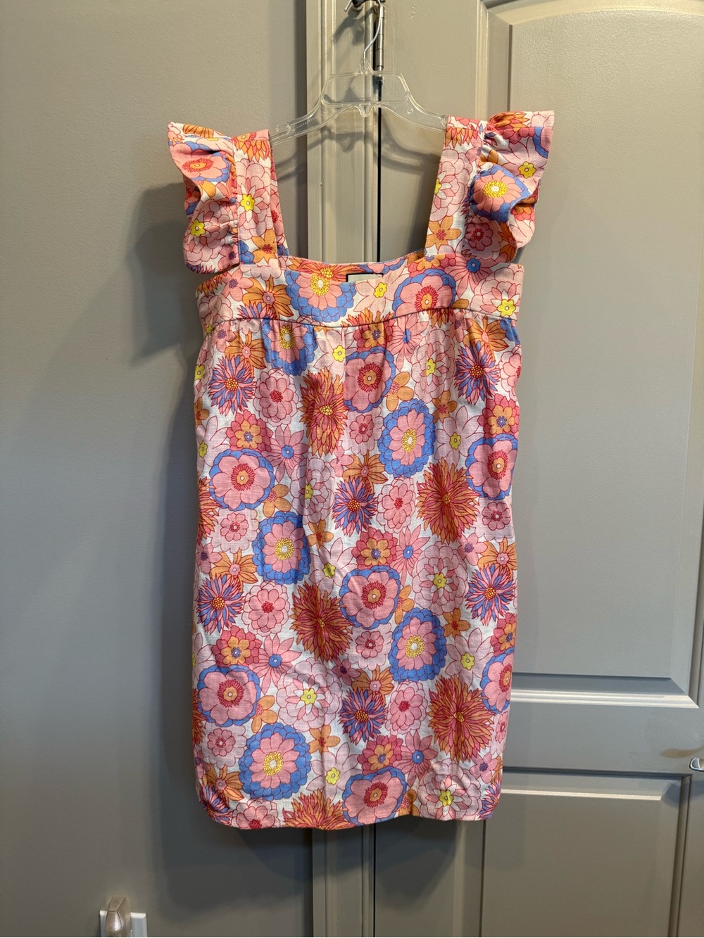Tuckernuck Pink Floral Ruffle-Shoulder Mini Dress with Blue & Orange Accents